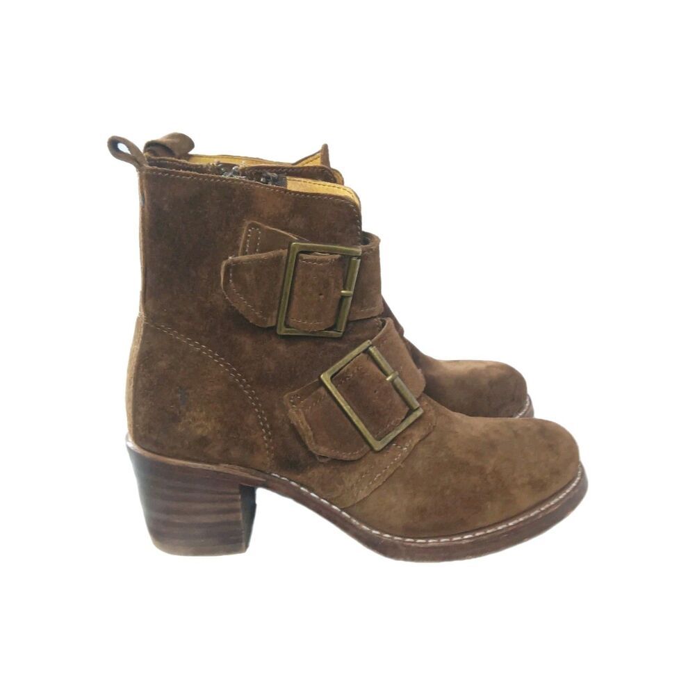 Frye Sabrina Double Buckle Boots Women Size 7.5 M Made in USA Brown Suede